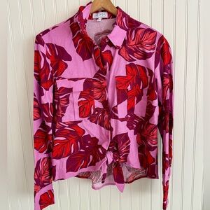 Sofia by Sofia Vergara Pink & Red Leaf Tropical Button Down Linen Shirt Size XS